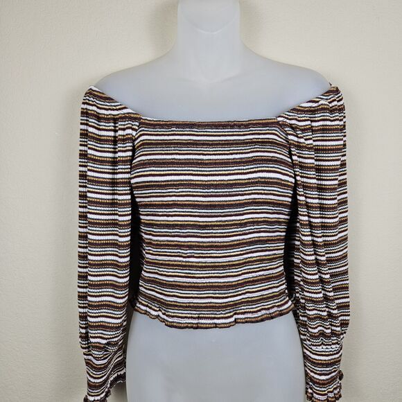 Anthropologie Square Neck Smocked Puff Sleeve Striped Top XS Ruffle 70s 80s Crop - Picture 13 of 14